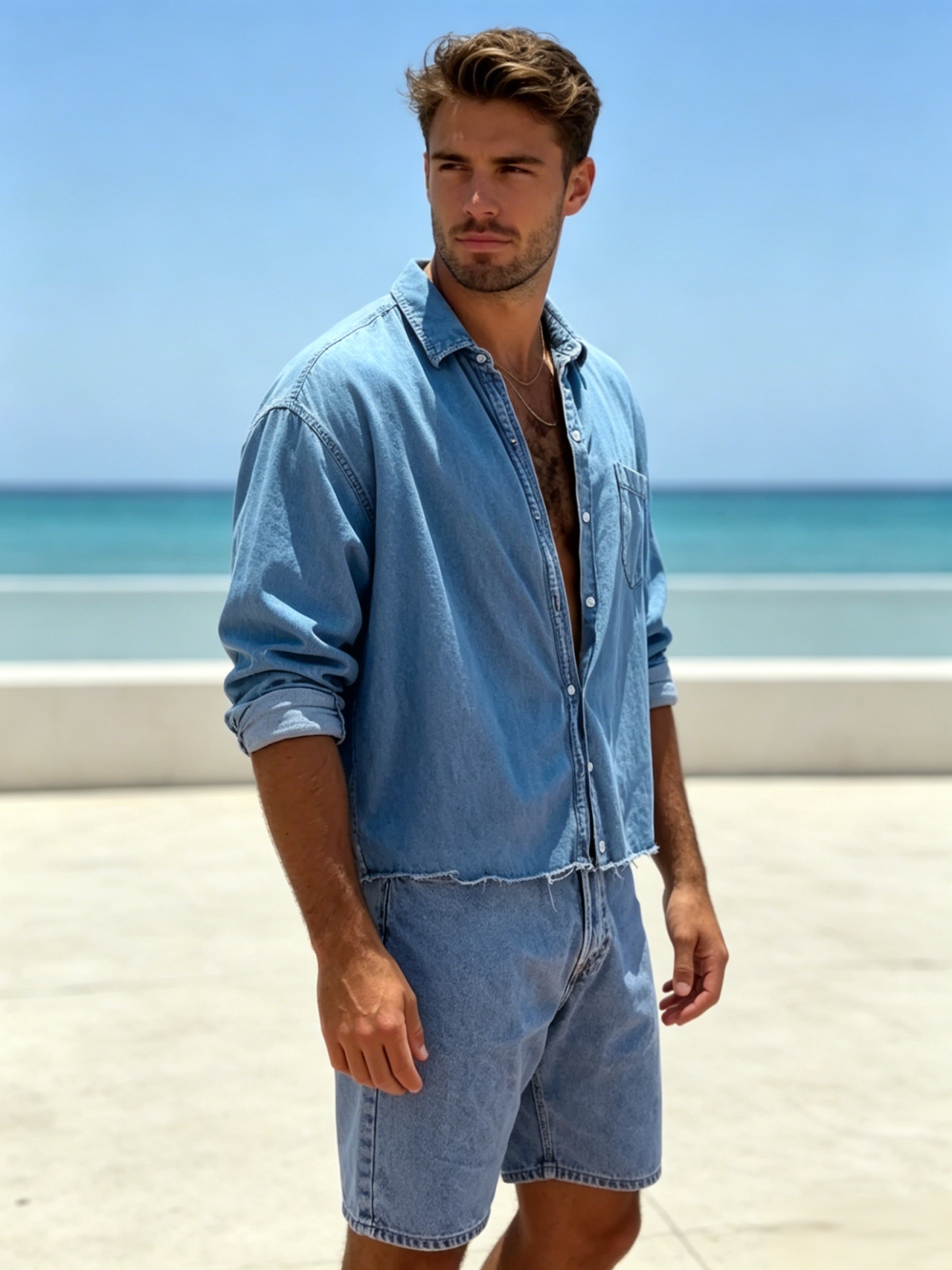 Frayed short denim shirt