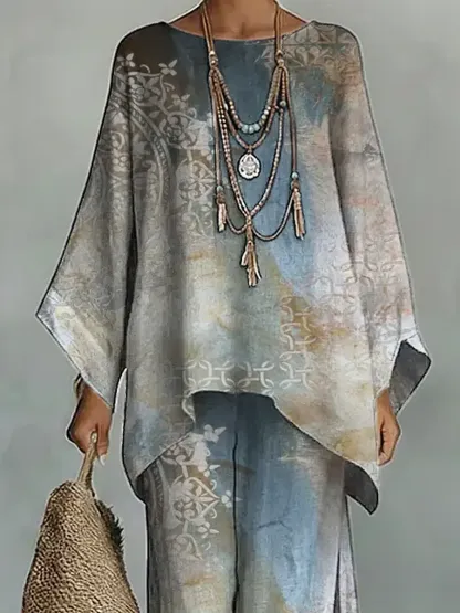 Women's Vintage Floral Art Comfortable Loose Cotton Linen Wide-leg Pants Two-piece Set