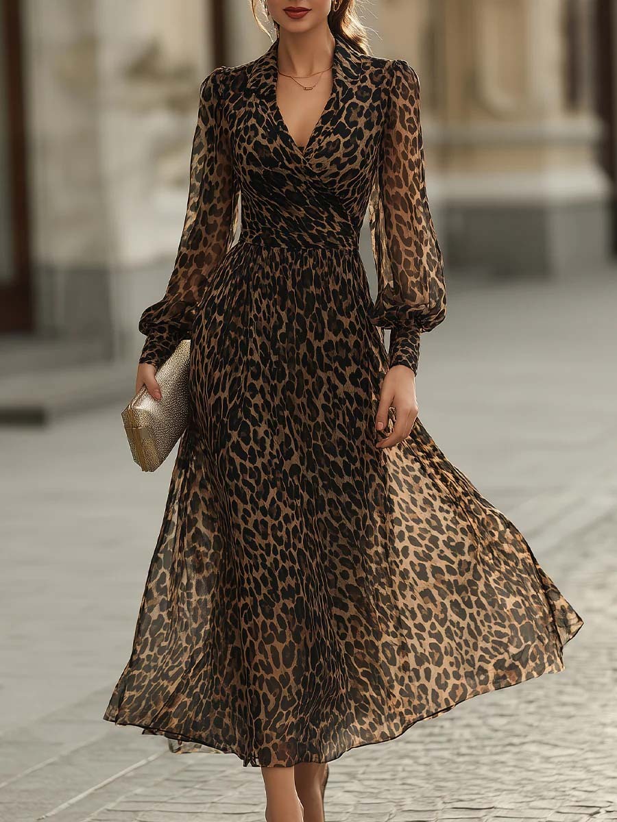 Women's V-neck Long-sleeve Casual Loose-fit Leopard Print Chiffon Dress