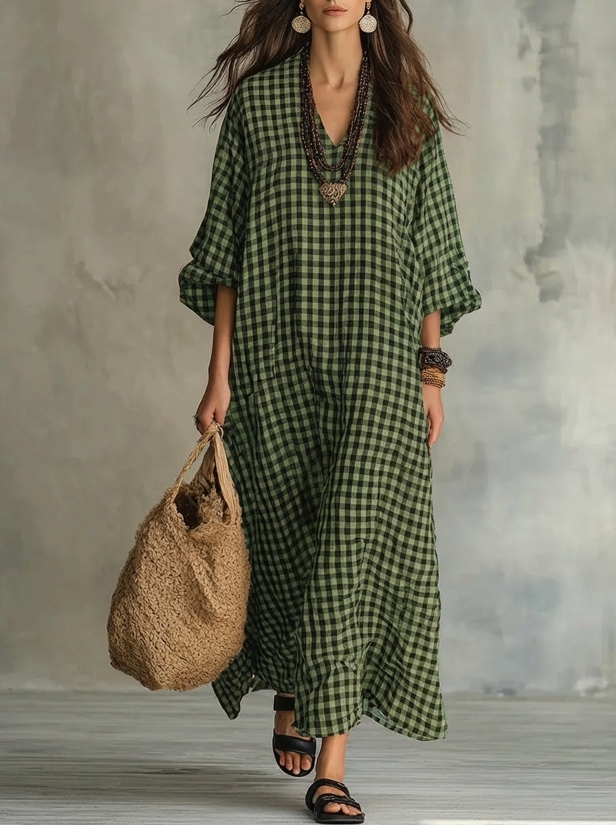 Women's Retro Plaid Art Casual Stylish Cotton Linen Maxi Dress