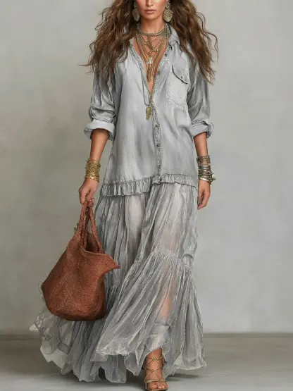 Women's Retro Lapel Denim Organza Patchwork Art Casual Maxi Dress