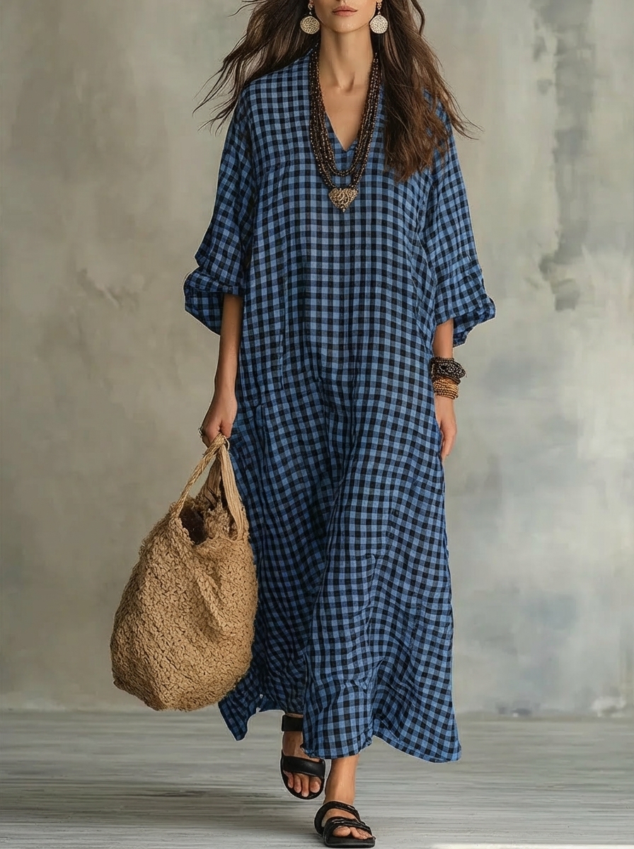Women's Retro Plaid Art Casual Stylish Cotton Linen Maxi Dress