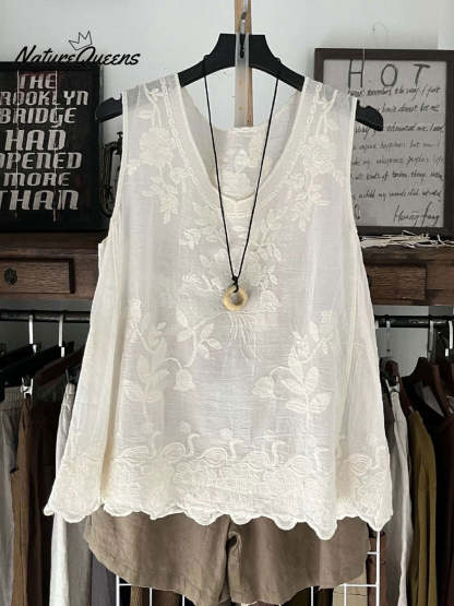 Women's Vintage Lace Sleeveless Cotton And Linen Vest Top