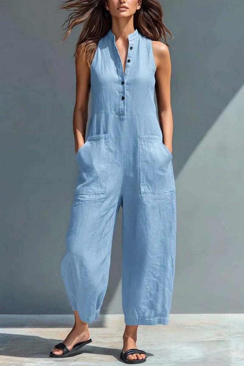 Women's Minimalist Linen Blend Button-up Stand-collar Sleeveless Loose Jumpsuit