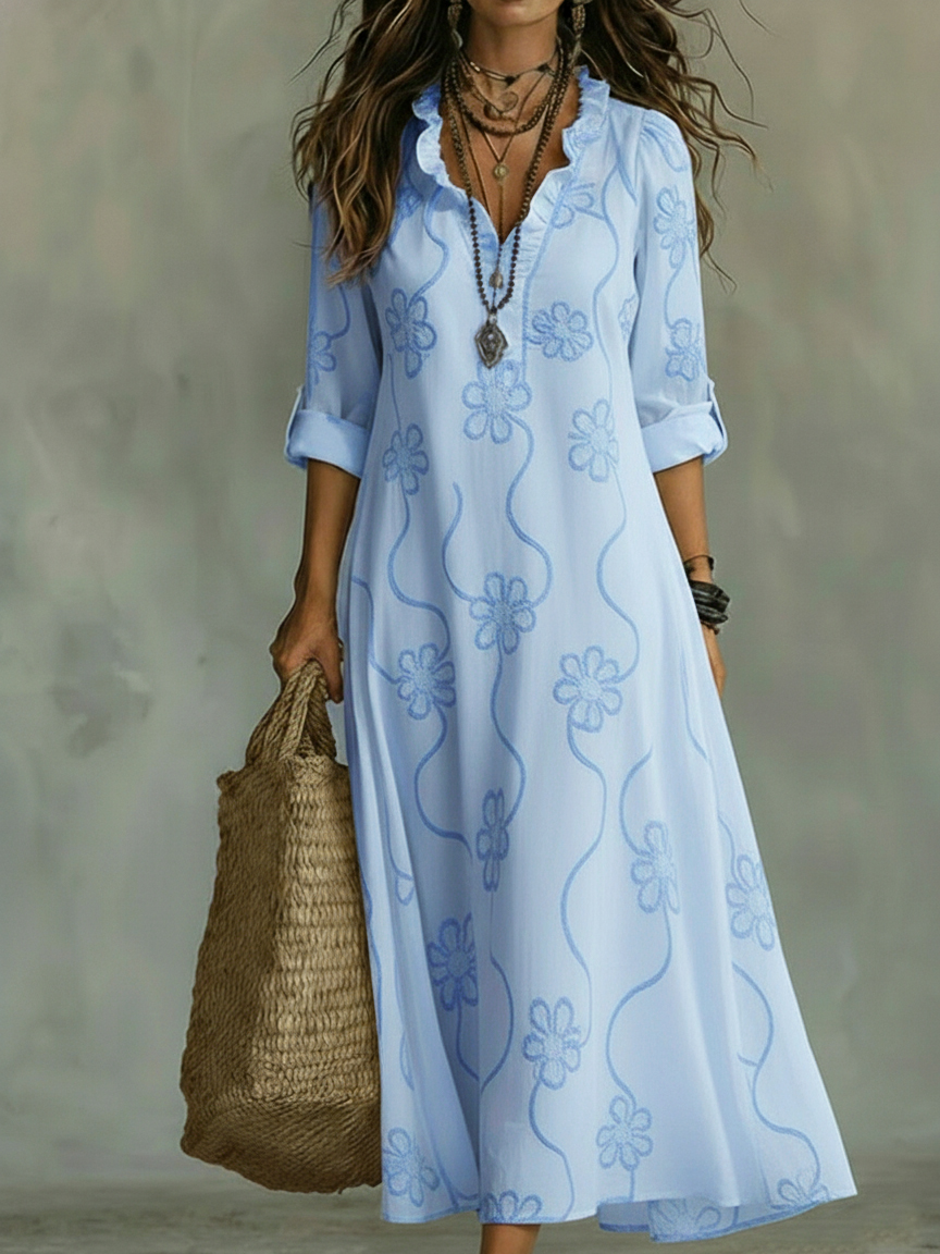 Vintage-Inspired Floral A-Line Dress - Elegant Ruffled Collar Midi