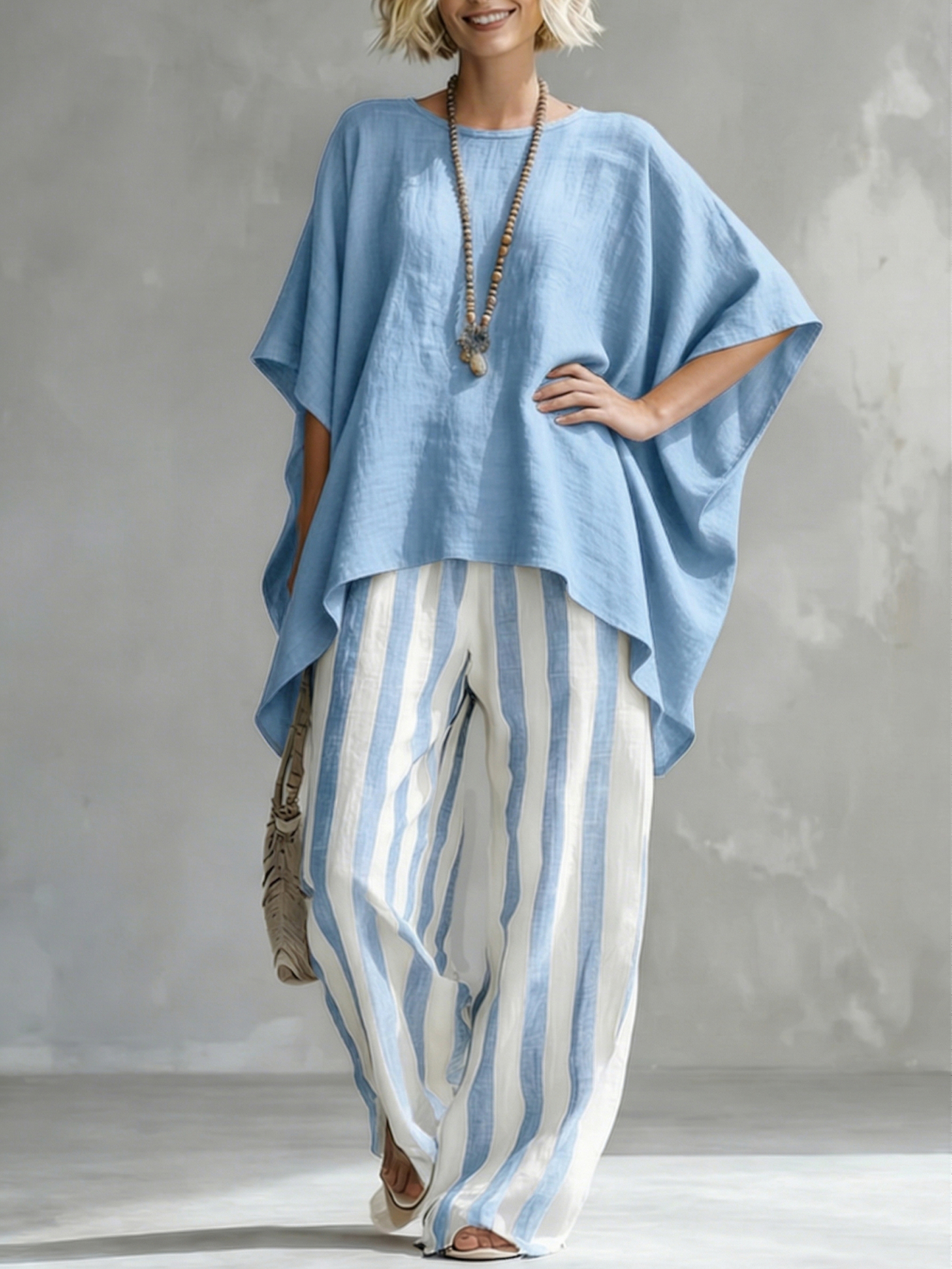 Classic Striped Batwing-sleeve Loose-fit Cotton-linen Two-piece Set