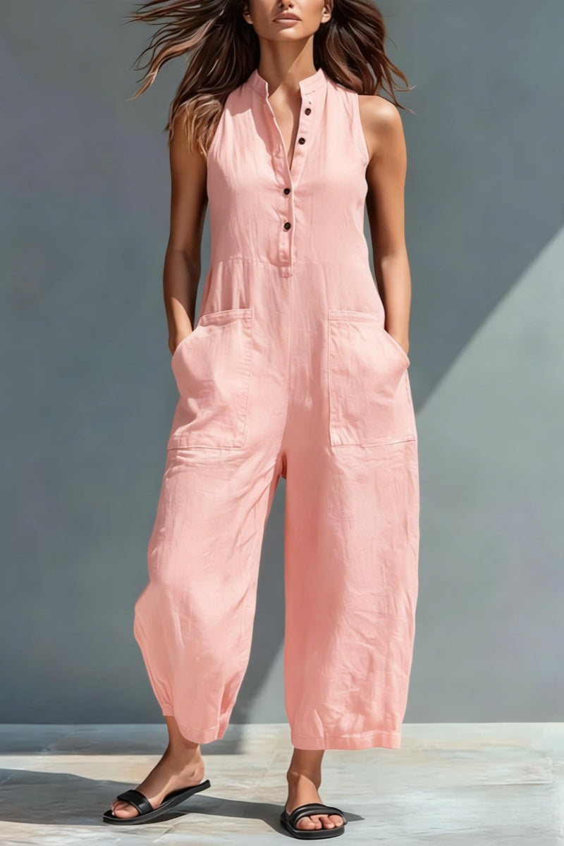 Women's Minimalist Linen Blend Button-up Stand-collar Sleeveless Loose Jumpsuit