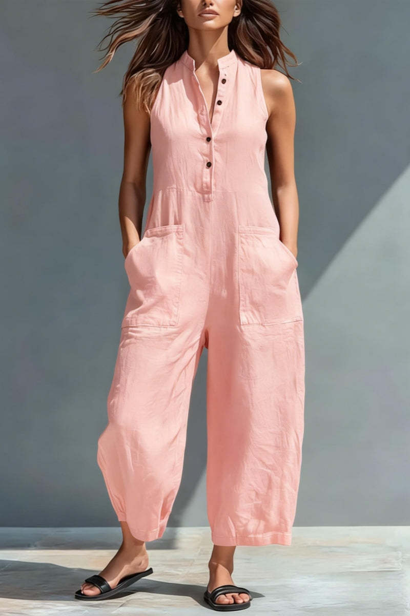 Women's Minimalist Linen Blend Button-up Stand-collar Sleeveless Loose Jumpsuit