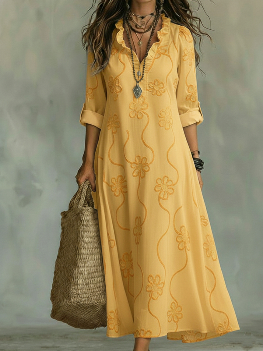 Vintage-Inspired Floral A-Line Dress - Elegant Ruffled Collar Midi