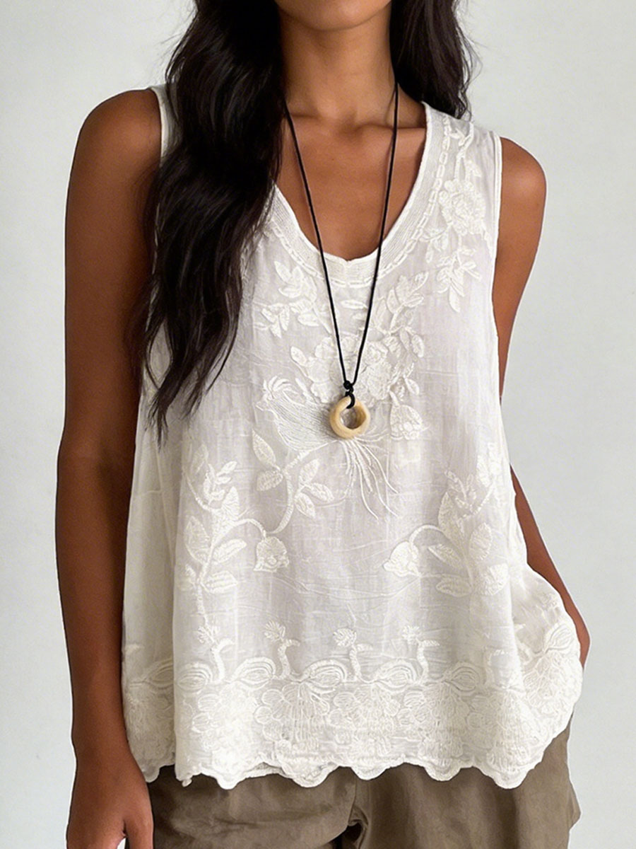 Women's Vintage Lace Sleeveless Cotton And Linen Vest Top