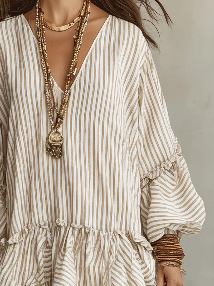 Women's Retro Striped Art Ruffled Casual Stylish V-Neck Cotton Linen Dress