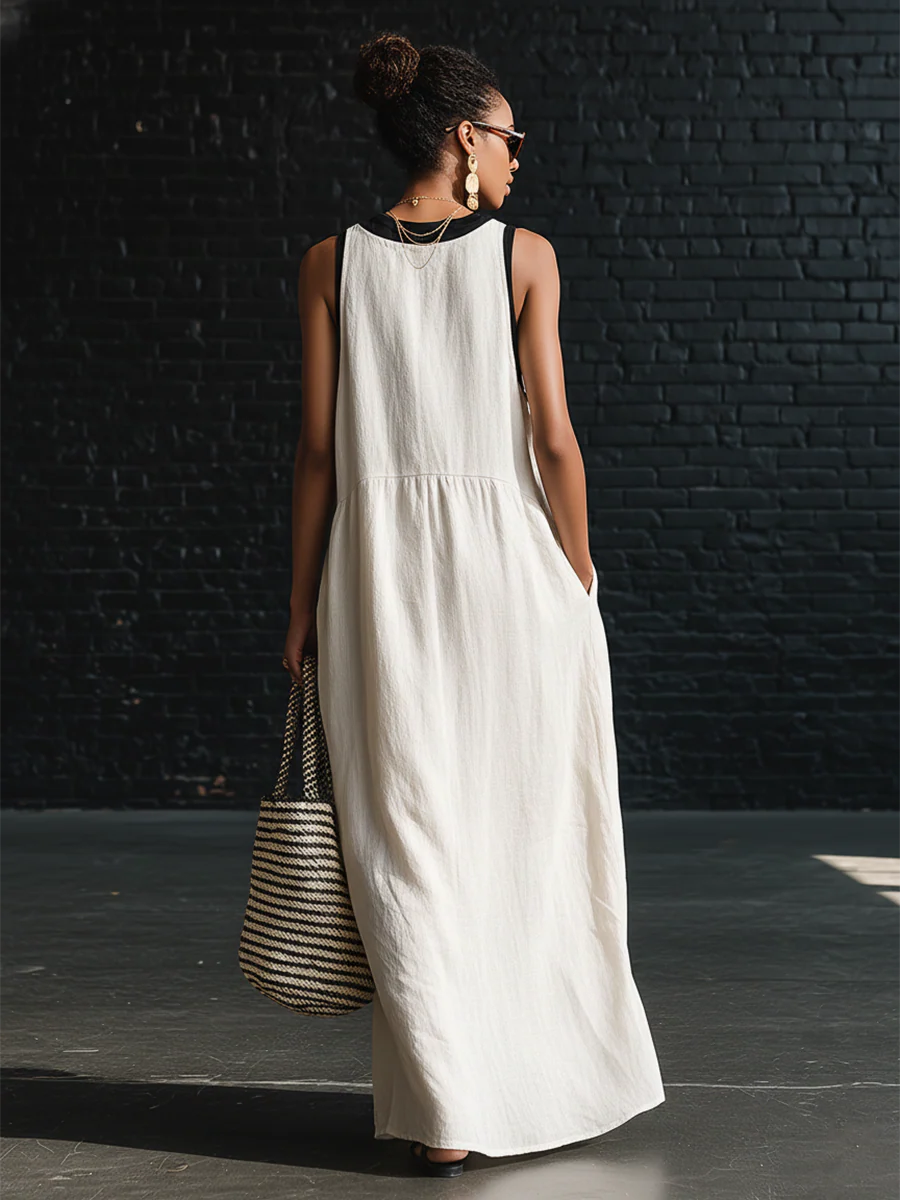 Classic Elegant Color-blocked Tie-neck Maxi Dress