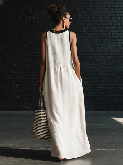 Classic Elegant Color-blocked Tie-neck Maxi Dress