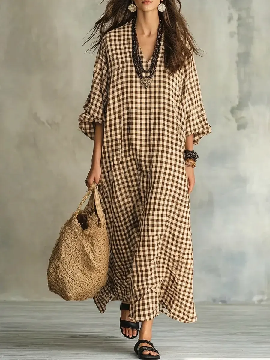 Women's Retro Plaid Art Casual Stylish Cotton Linen Maxi Dress