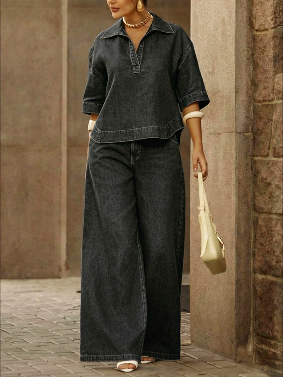 Women's Casual 100% Cotton Denim Top And Wide-leg Pants Two-piece Set
