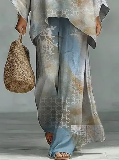 Women's Vintage Floral Art Comfortable Loose Cotton Linen Wide-leg Pants Two-piece Set