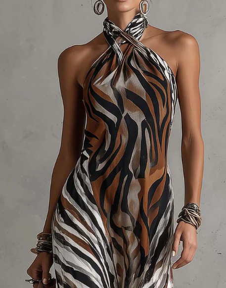 Stylish Halter Neck Sexy Animal Print Maxi Dress