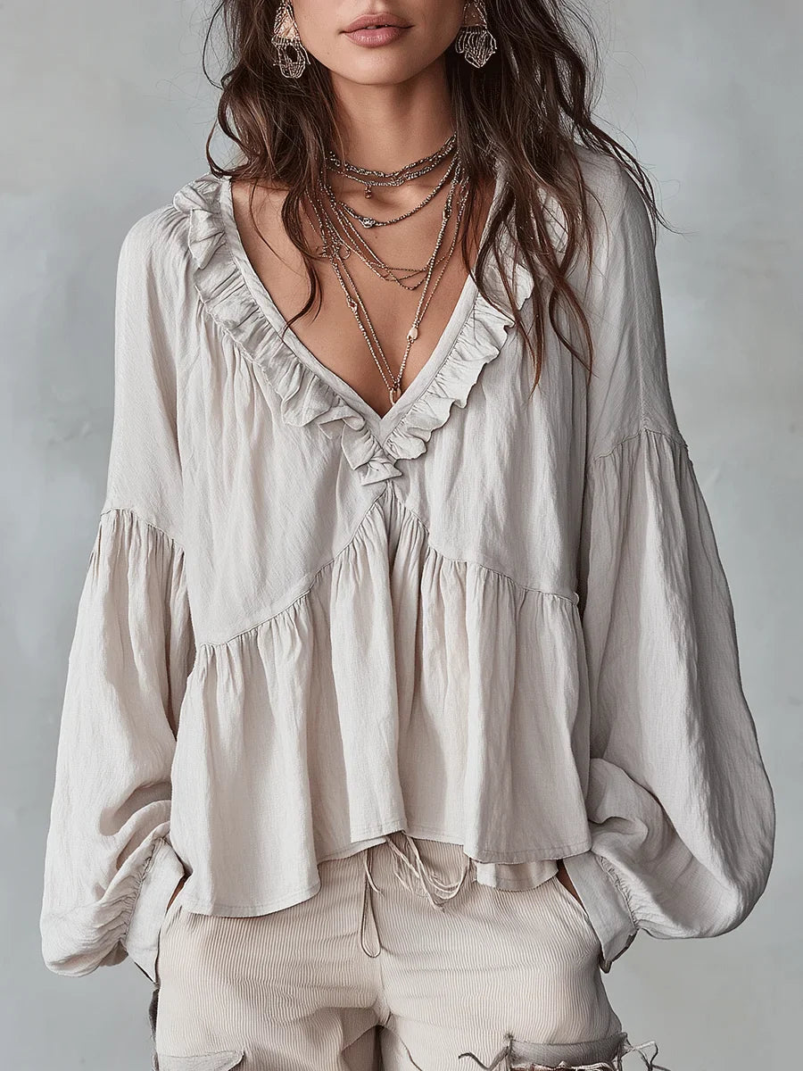 Women's Solid Color Retro Ruffled Casual Cotton Linen Shirt(Buy 2 Free Shipping)