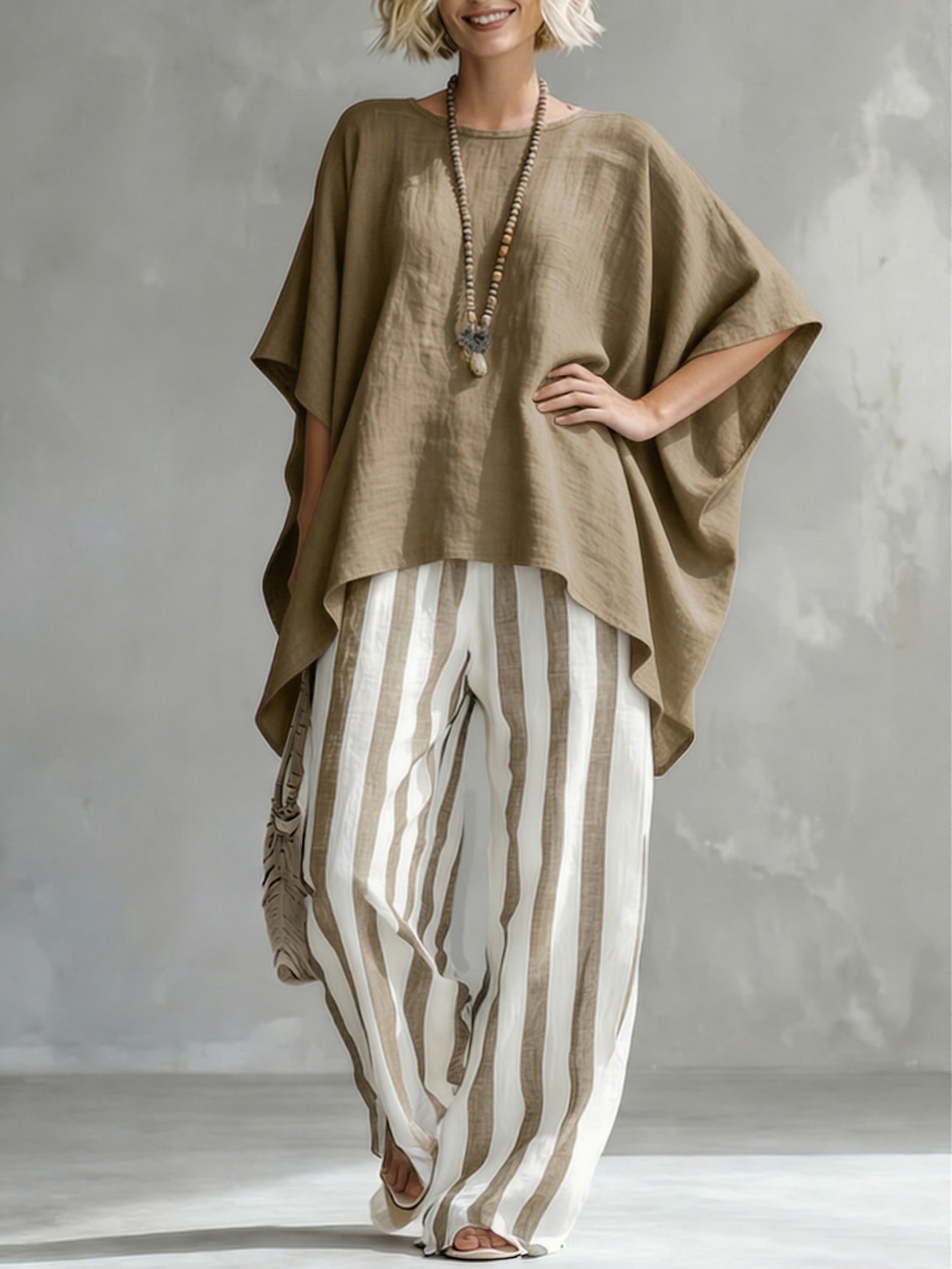 Classic Striped Batwing-sleeve Loose-fit Cotton-linen Two-piece Set