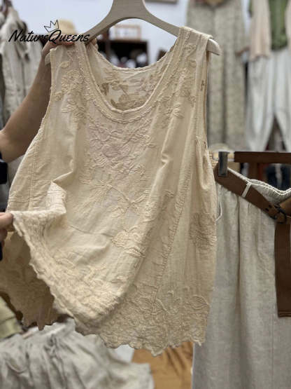 Women's Vintage Lace Sleeveless Cotton And Linen Vest Top