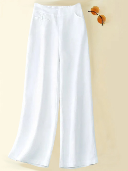 Women's Solid Color Button Half Elastic High Waist Casual Cotton and Linen Wide Leg Pants