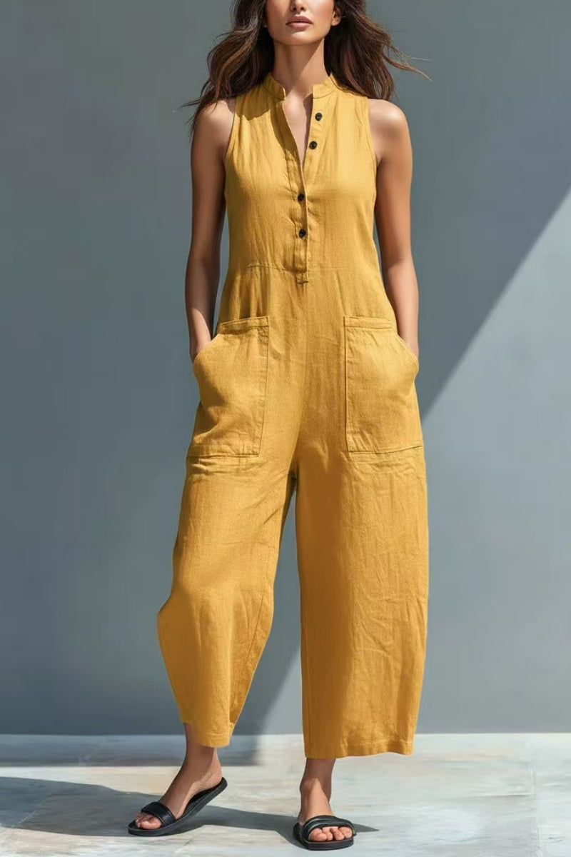 Women's Minimalist Linen Blend Button-up Stand-collar Sleeveless Loose Jumpsuit