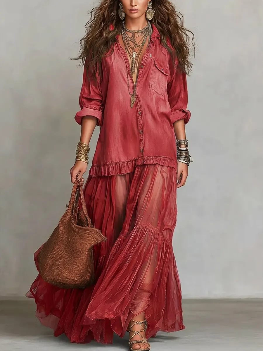 Women's Retro Lapel Denim Organza Patchwork Art Casual Maxi Dress