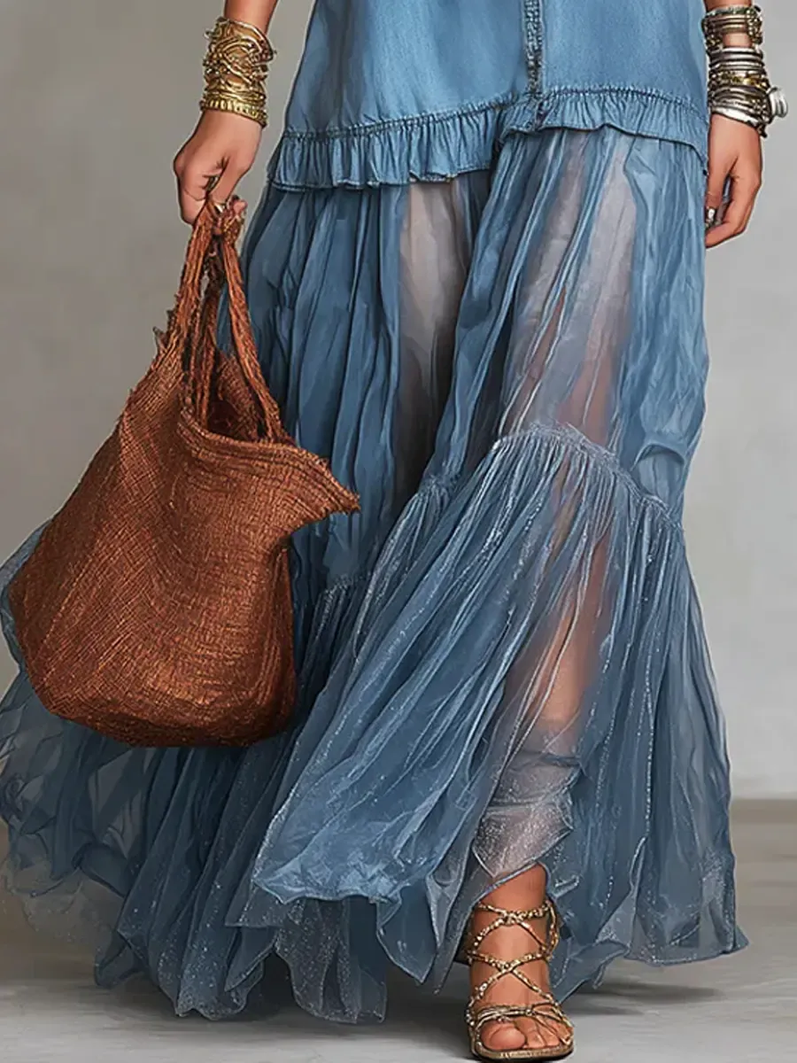 Women's Retro Lapel Denim Organza Patchwork Art Casual Maxi Dress