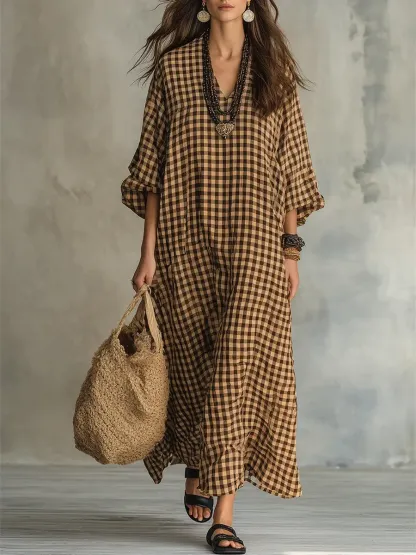 Women's Retro Plaid Art Casual Stylish Cotton Linen Maxi Dress