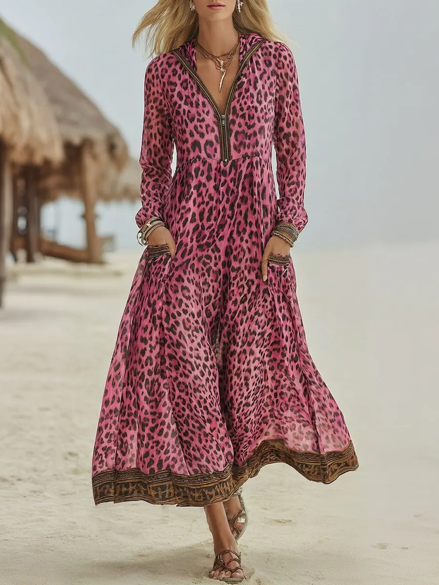 Women's Retro Casual Leopard Print Art Hooded Midi Dress