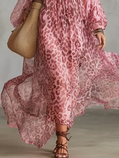 Women's Retro Leopard Art Casual Stylish Chiffon Maxi Dress