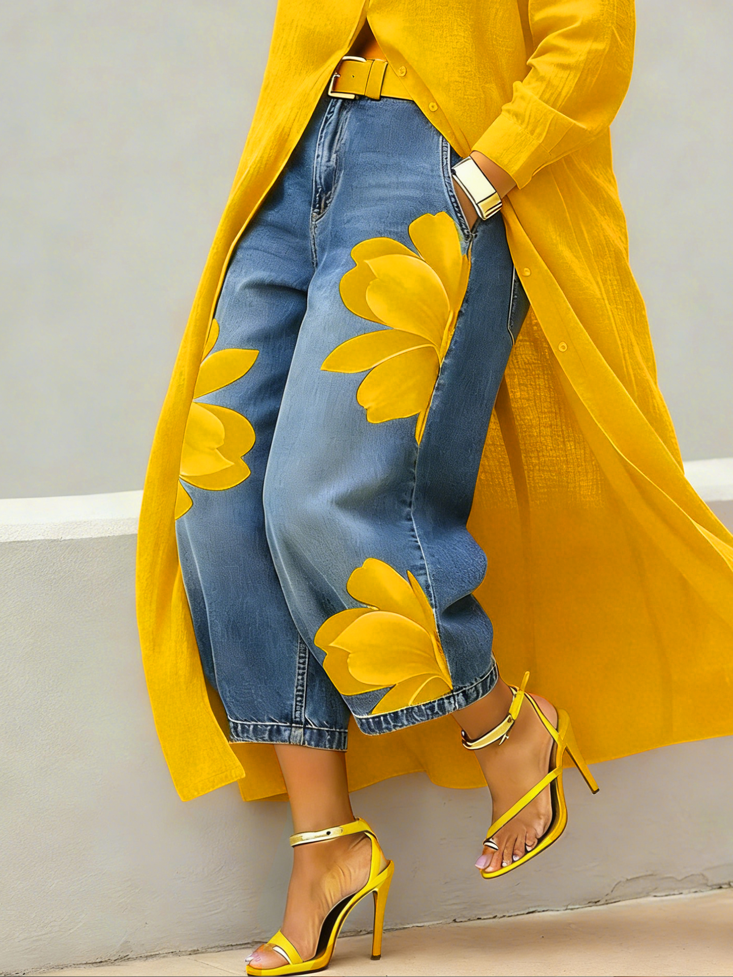 Women's Artistic Red Blossom Wide Leg Jeans