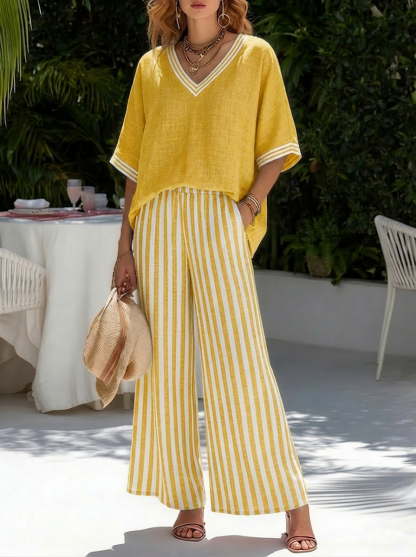Casual Two-piece Set: Striped Linen & Cotton Patchwork Top And Striped Trousers