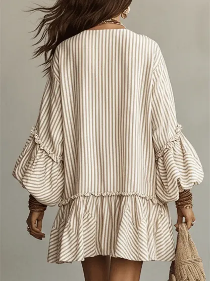 Women's Retro Striped Art Ruffled Casual Stylish V-Neck Cotton Linen Dress