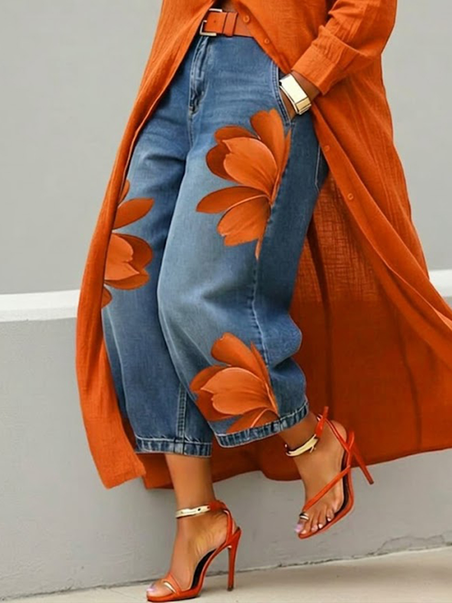 Women's Artistic Red Blossom Wide Leg Jeans