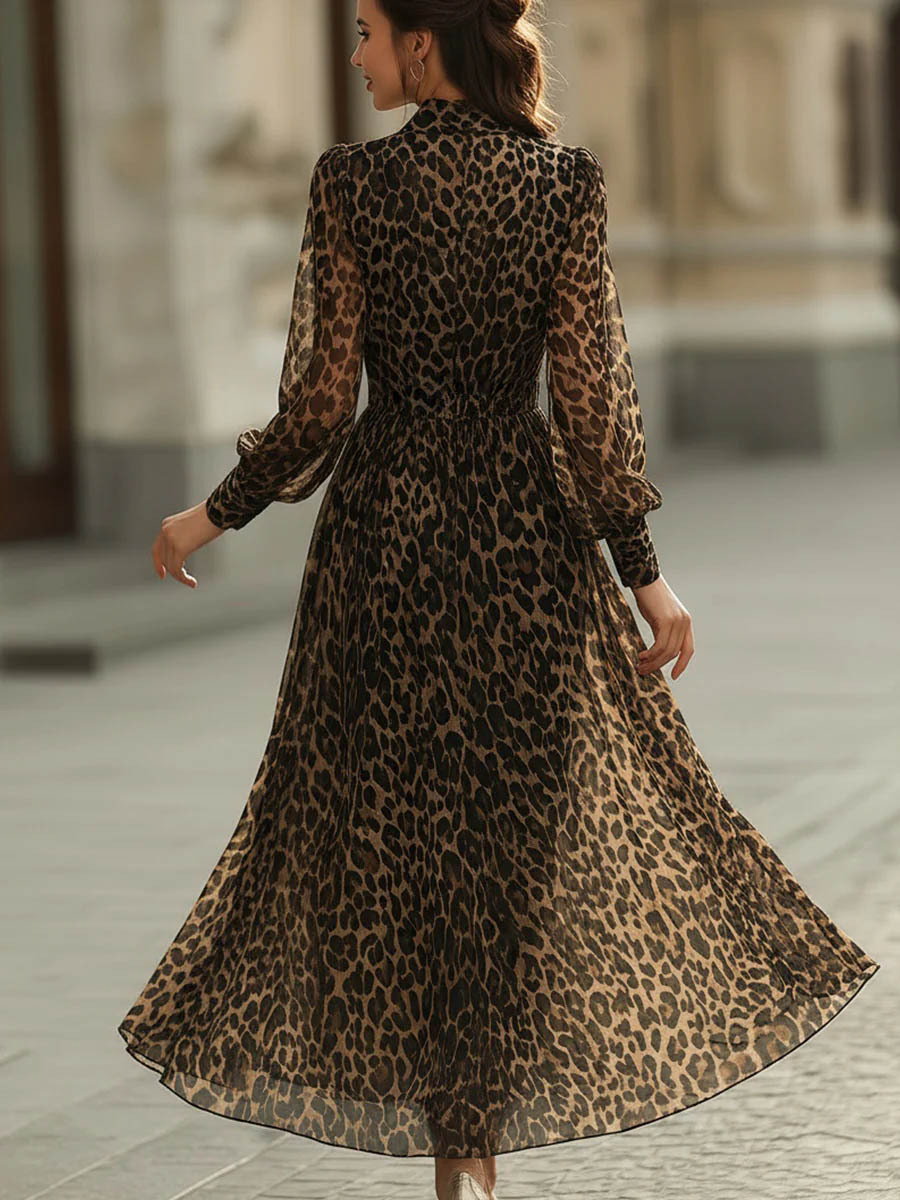 Women's V-neck Long-sleeve Casual Loose-fit Leopard Print Chiffon Dress