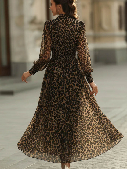 Women's V-neck Long-sleeve Casual Loose-fit Leopard Print Chiffon Dress