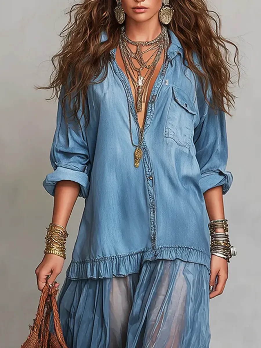 Women's Retro Lapel Denim Organza Patchwork Art Casual Maxi Dress