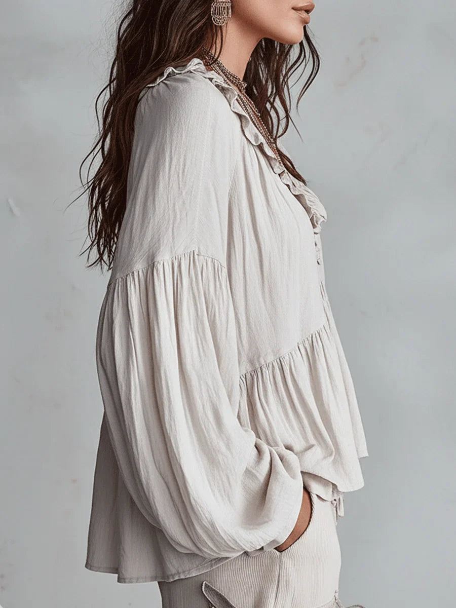 Women's Solid Color Retro Ruffled Casual Cotton Linen Shirt(Buy 2 Free Shipping)