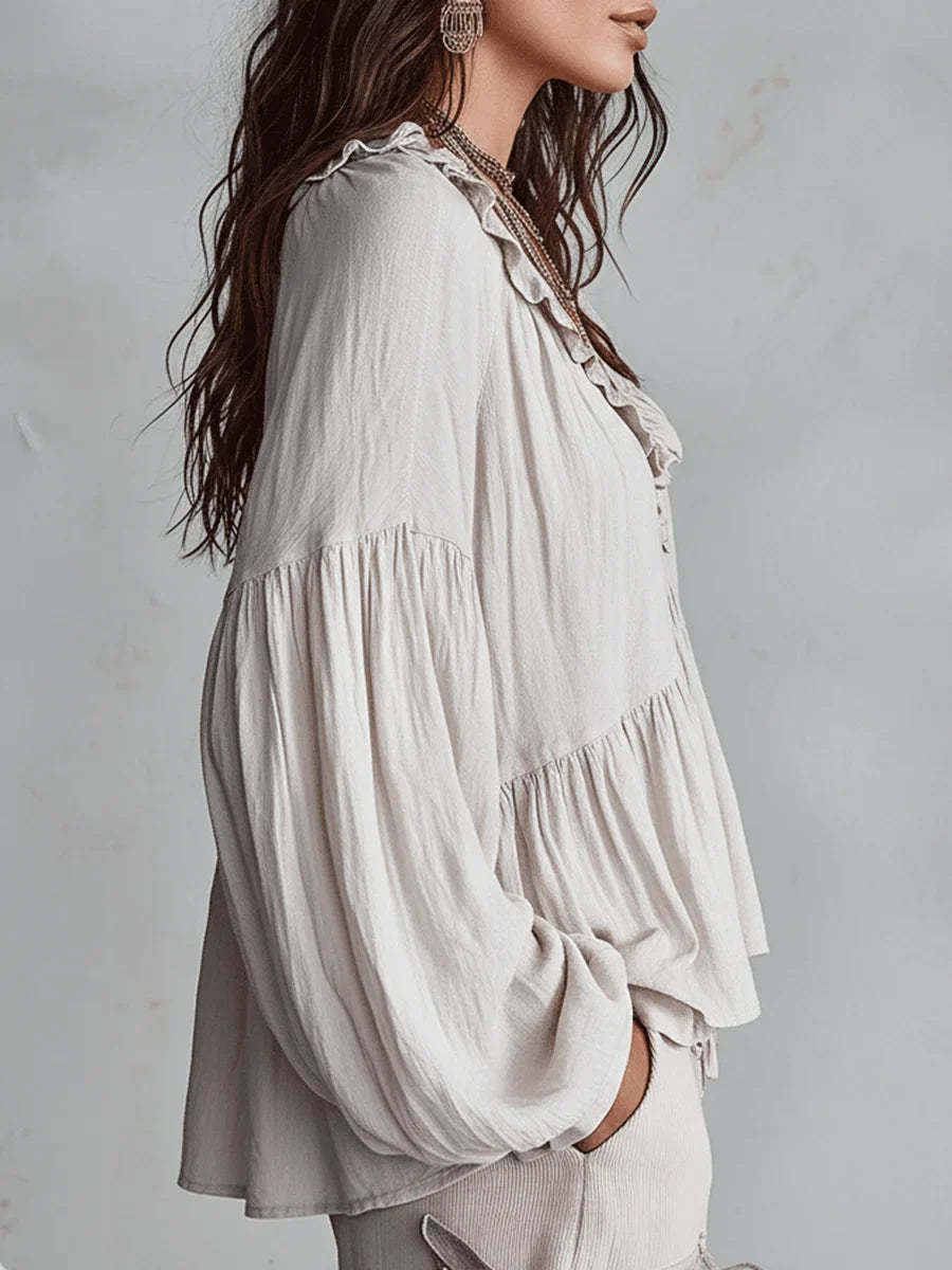 Women's Solid Color Retro Ruffled Casual Cotton Linen Shirt(Buy 2 Free Shipping)