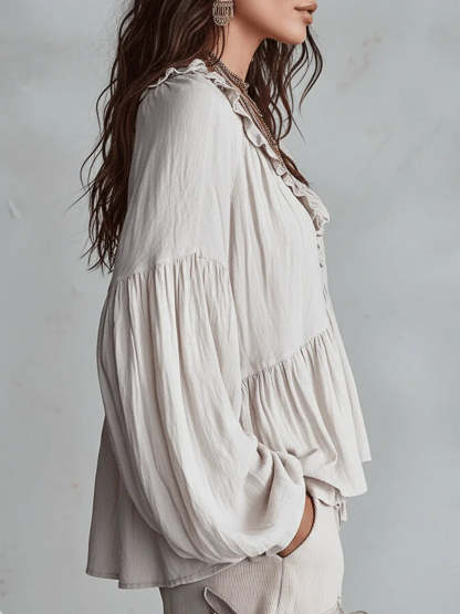 Women's Solid Color Retro Ruffled Casual Cotton Linen Shirt(Buy 2 Free Shipping)