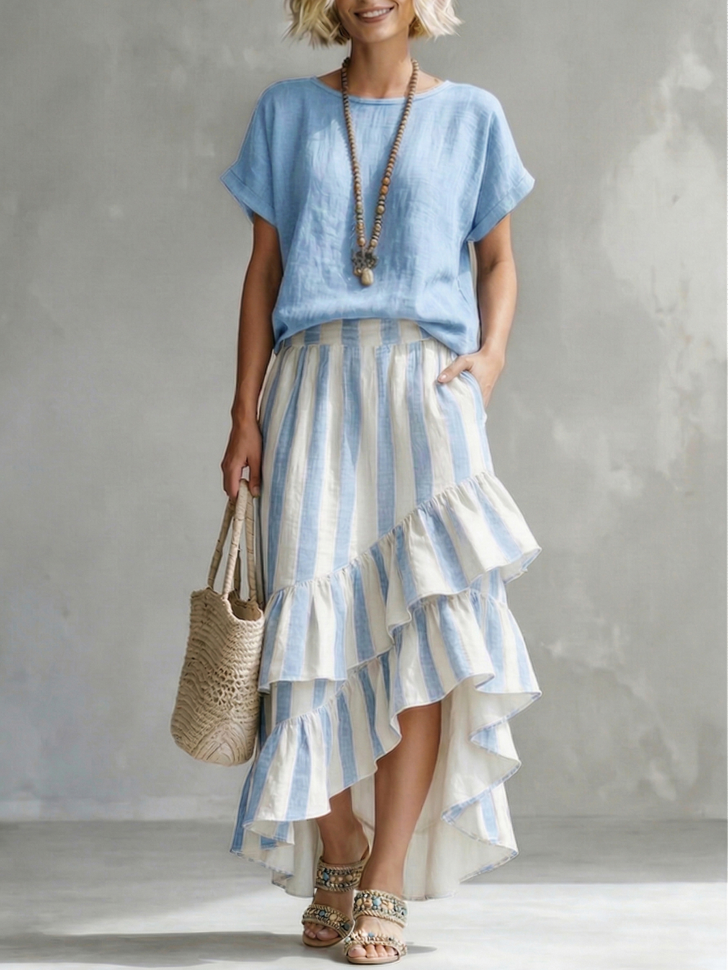 Romantic Striped Top And Ruffled Skirt Cotton-linen Two-piece Set