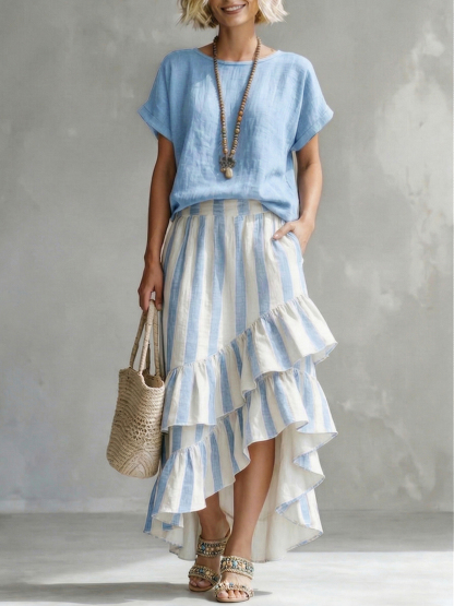 Romantic Striped Top And Ruffled Skirt Cotton-linen Two-piece Set
