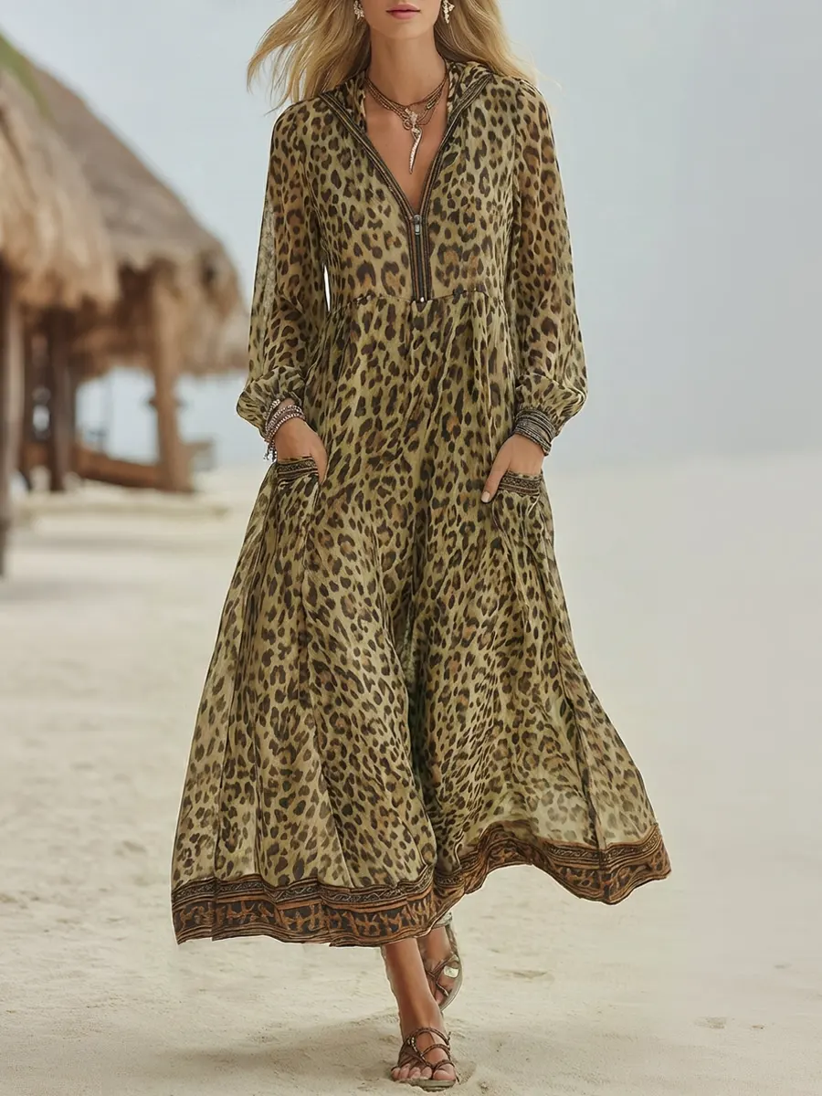 Women's Retro Casual Leopard Print Art Hooded Midi Dress