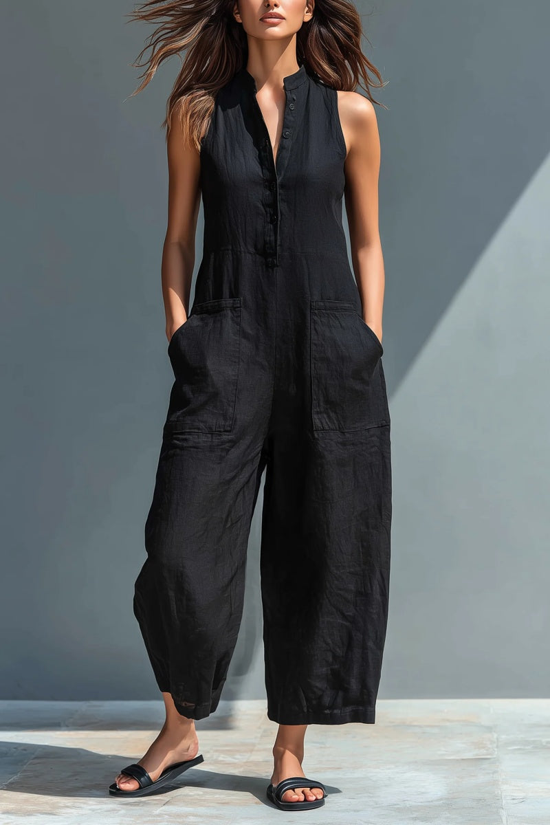 Women's Minimalist Linen Blend Button-up Stand-collar Sleeveless Loose Jumpsuit