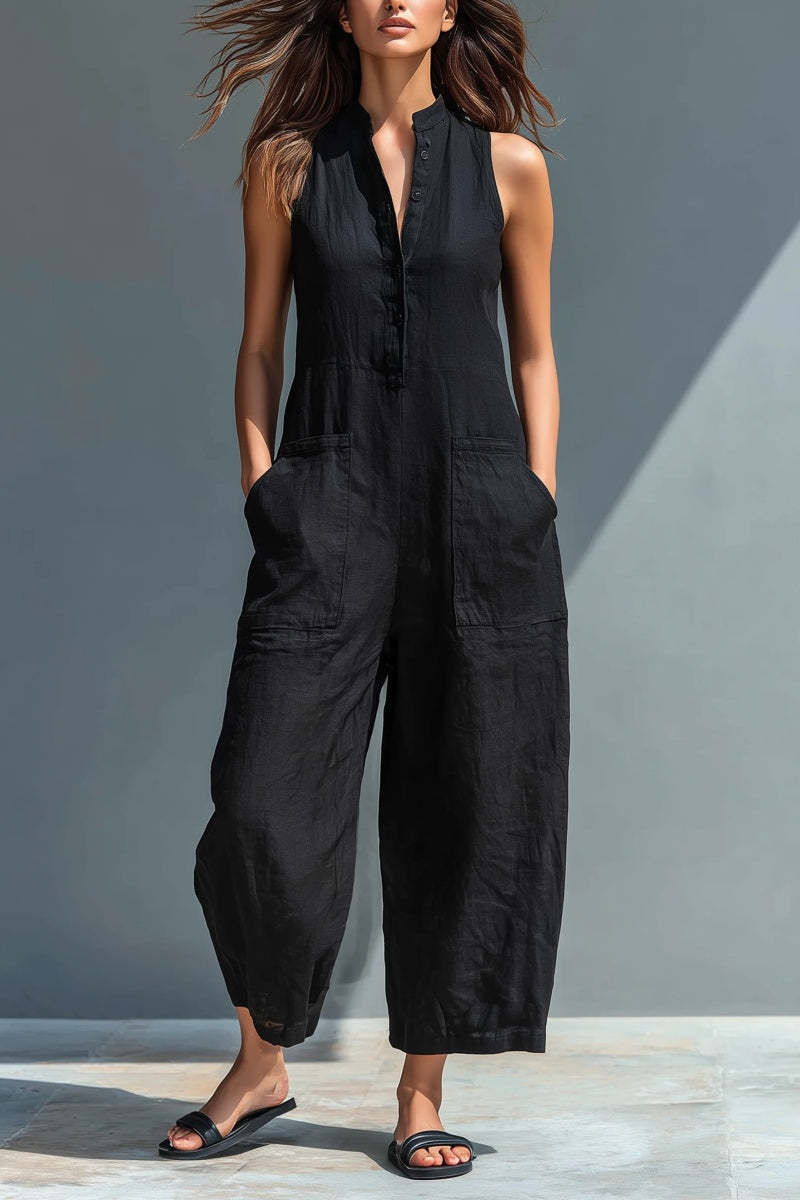 Women's Minimalist Linen Blend Button-up Stand-collar Sleeveless Loose Jumpsuit