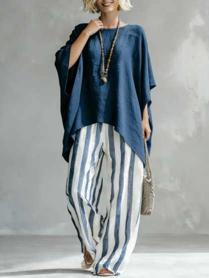 Classic Striped Batwing-sleeve Loose-fit Cotton-linen Two-piece Set