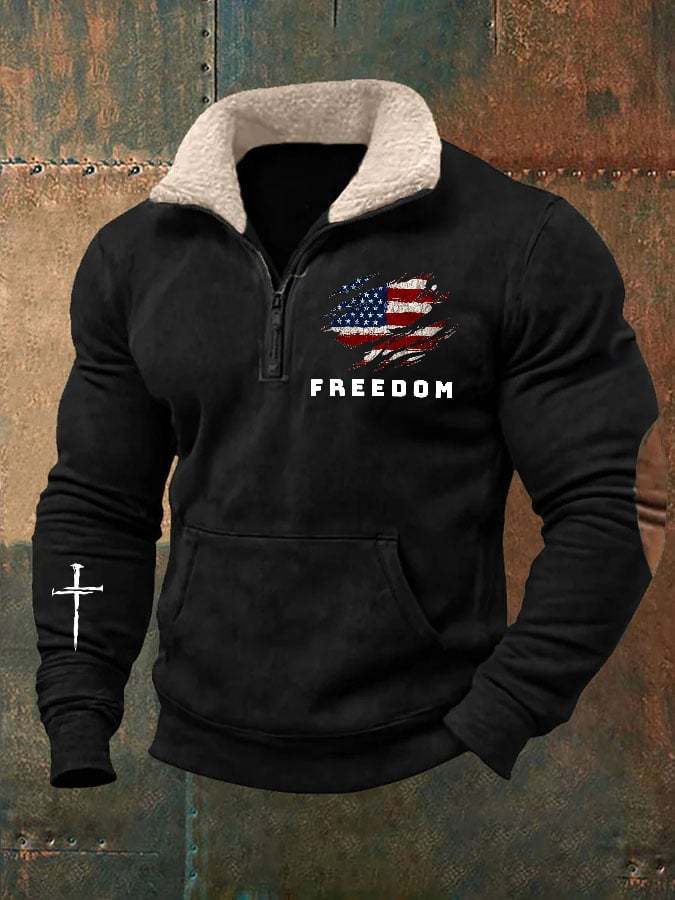 Men's Vintage Freedom American Flag Print Zipper Neck Sweatshirt