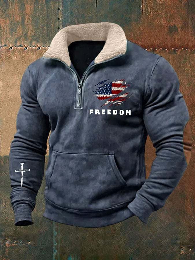 Men's Vintage Freedom American Flag Print Zipper Neck Sweatshirt