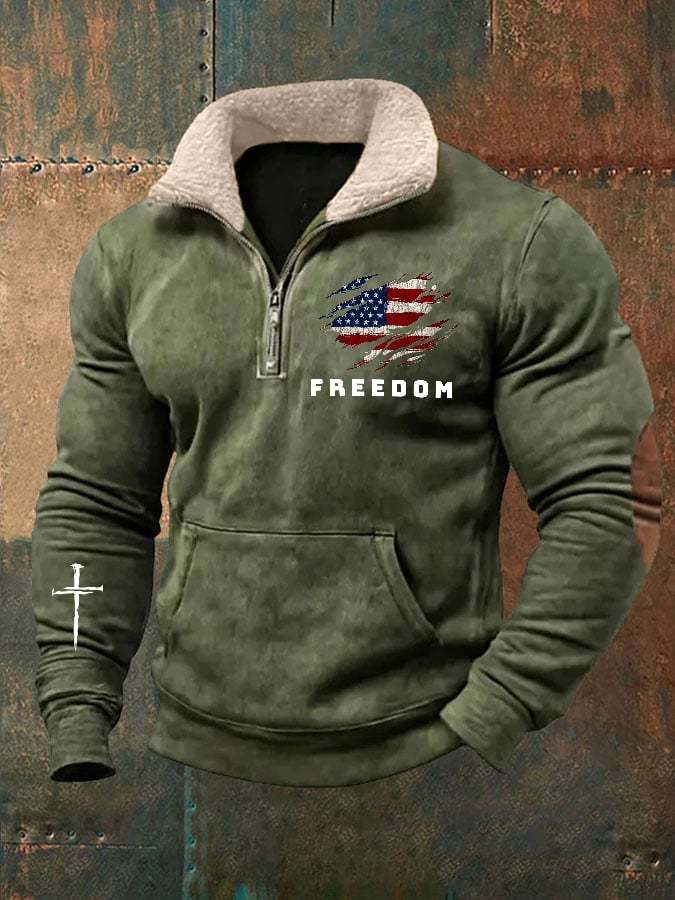 Men's Vintage Freedom American Flag Print Zipper Neck Sweatshirt